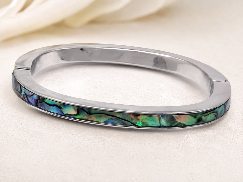 Iridescent Faux Abalone Hinged Bangle Bracelet Silver Tone Magnetic Coastal